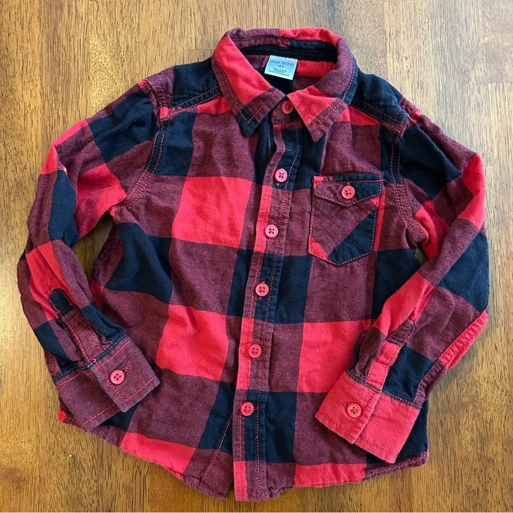 Classic Red Buffalo Plaid Button-Up Flannel Shirt (4T) |Roll-Tab Sleeves